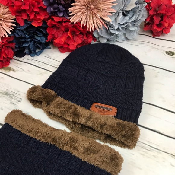 Navy Blue Cable Knit Beanie & Ring Scarf w/ Fleece - Picture 5 of 10